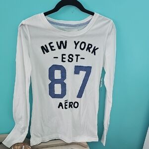 Aeropostale White Long Sleeve Tee with Navy 'New York 87' Graphic. Size L